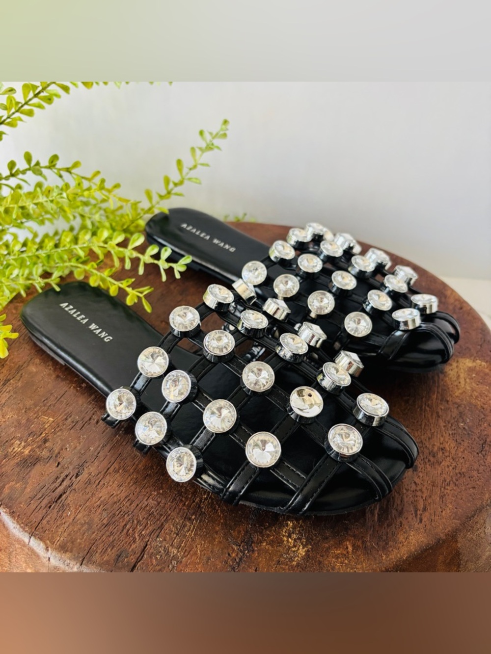 Azalea Wang Studded Rhinestone Diamond Bling Sandals Shoes Slide On Black 7.5